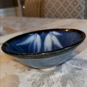Blue Pottery Bowl with Leaf Design signed by Artist “Parker”